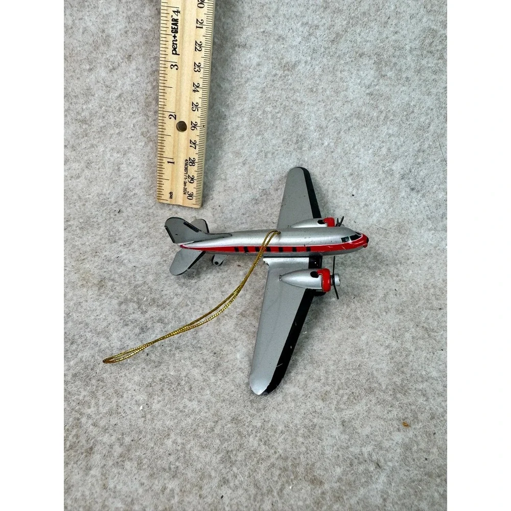 Vintage Metal Airplane Ornament‎ Silver Red Propeller Christmas Tree Decor
